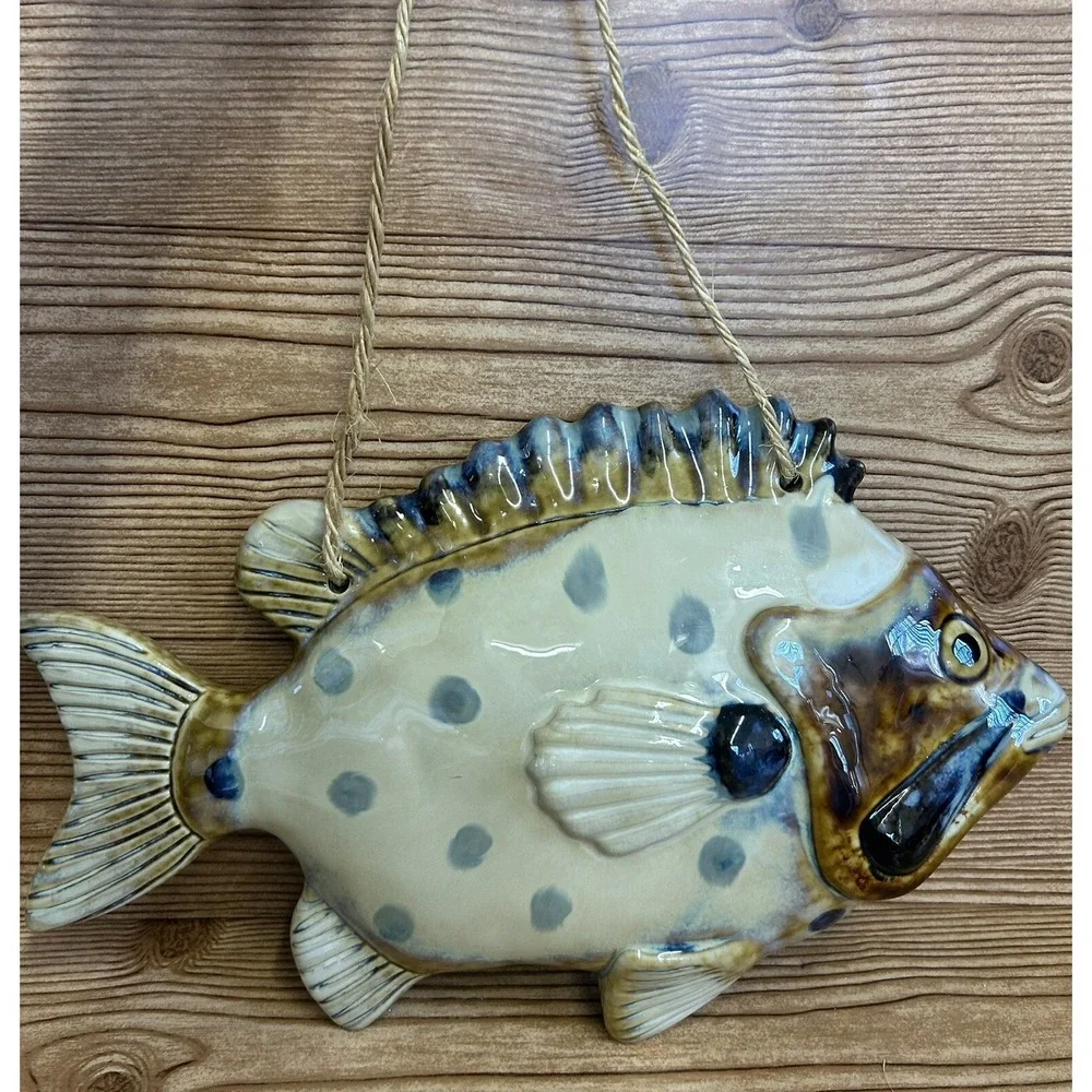 Ceramic Glazed Fish Wall Hanging Beige Brown Blue Polka Dots 14.5
